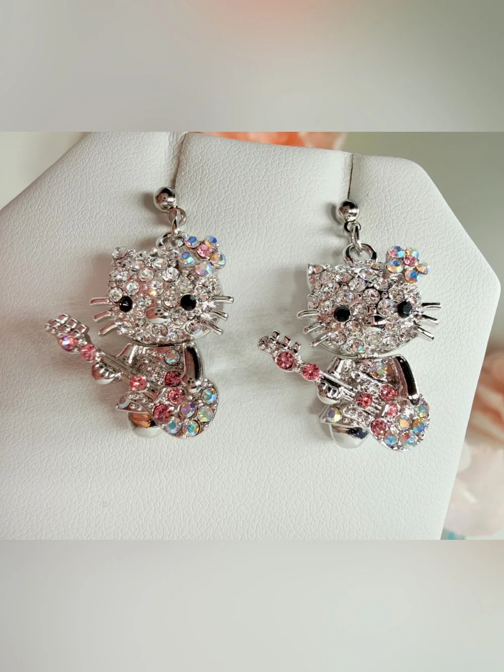 Crystal Cat Guitar Drop Earrings - Pink & Iridescent